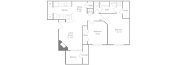 Newbury Floorplan 2 Bedroom 1 Bath 841 Total Sq Ft at The Edge of Germantown Apartments Home, Memphis, TN 38120