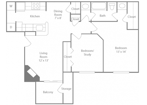 Newbury Floorplan 2 Bedroom 1 Bath 841 Total Sq Ft at The Edge of Germantown Apartments Home, Memphis, TN 38120
