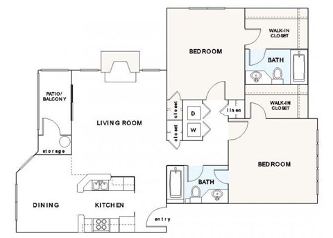 B2 Floorplan 2 Bedroom 2 Bath 1070 Total Sq Ft at The Retreat at Germantown Apartments, Germantown, TN 38138