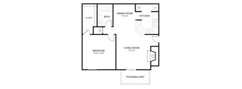 The Abbey Floorplan 1 Bedroom 1 Bath 611 Total Sq Ft at 15Seventy Chesterfield Apartment Homes, Chesterfield, MO 63017