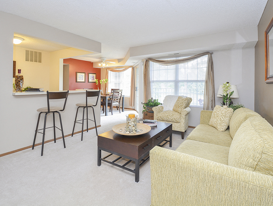 Living Room with Sliding Patio Doors and Plush Carpeting
