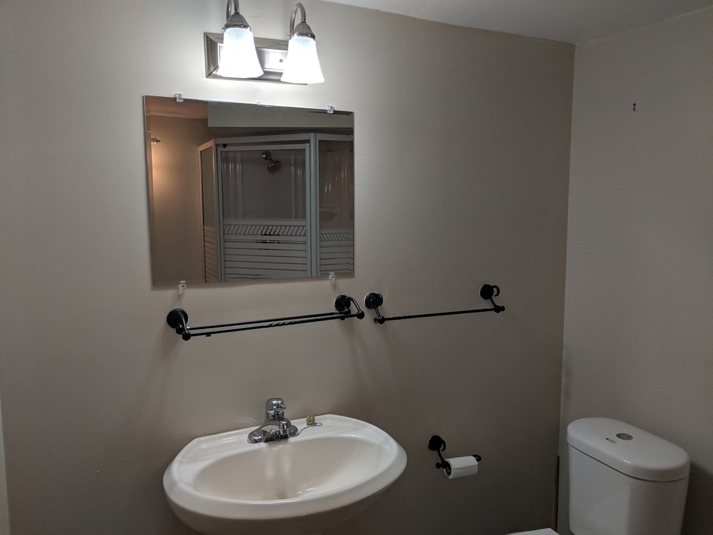 a small bathroom with a sink and a mirror and a towel rack and a toilet