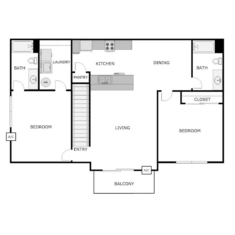 2 Bedroom 2 Bathroom - Upper Split