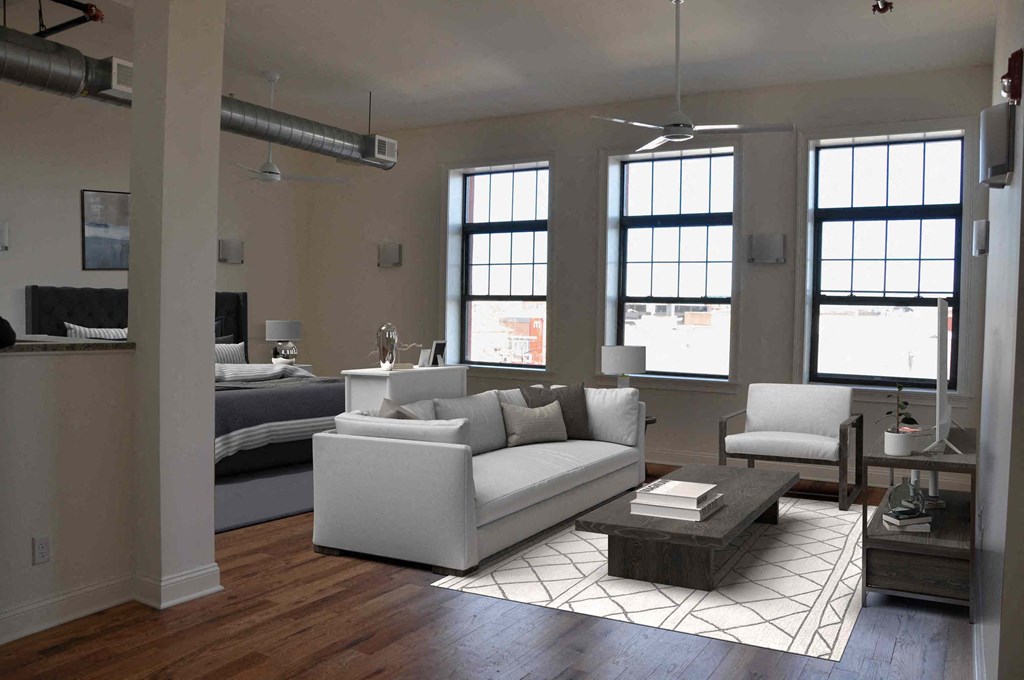 a living room with a couch and a coffee table