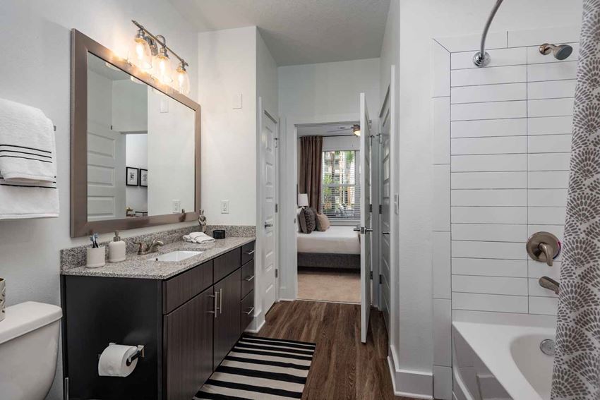 a bathroom with a shower and a sink and a mirror