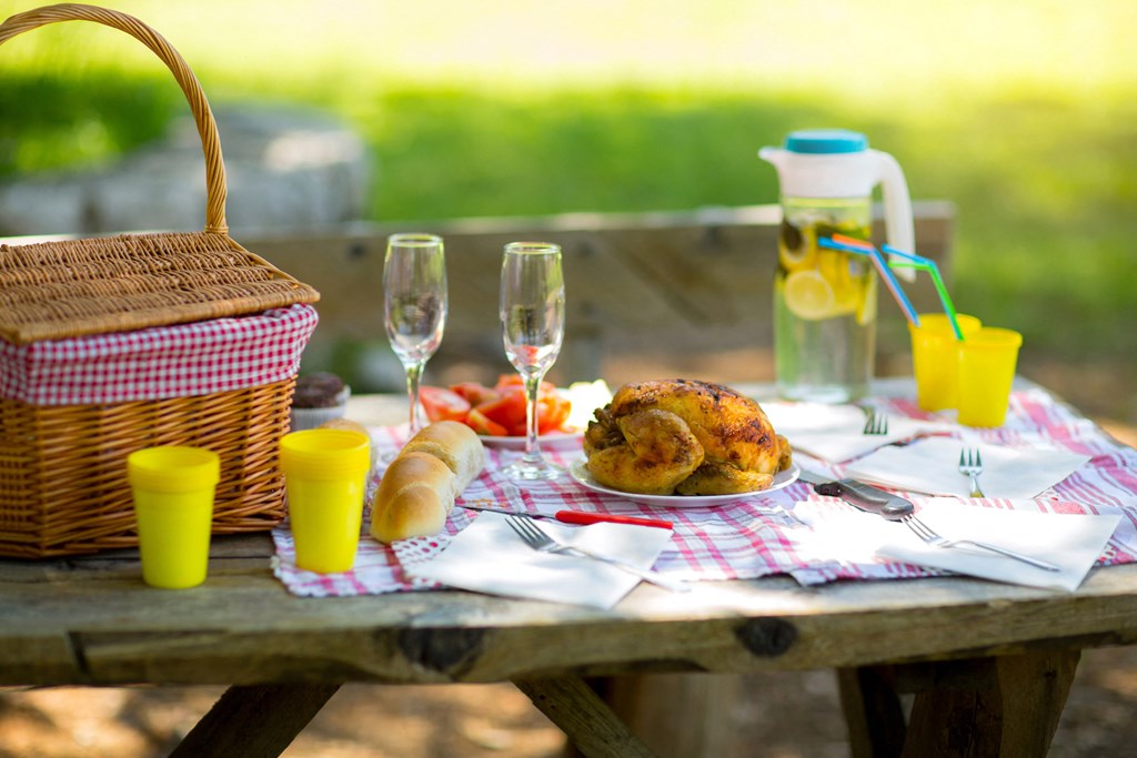 A picnic table with food and drinks on a checkered cloth.
