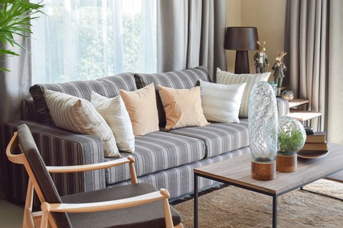 A living room with a grey couch, a wooden chair, and a glass table with a plant on it.