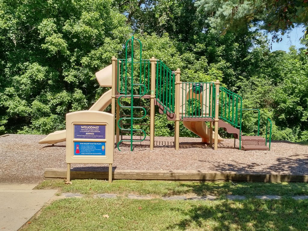 a playground with a slide in a park