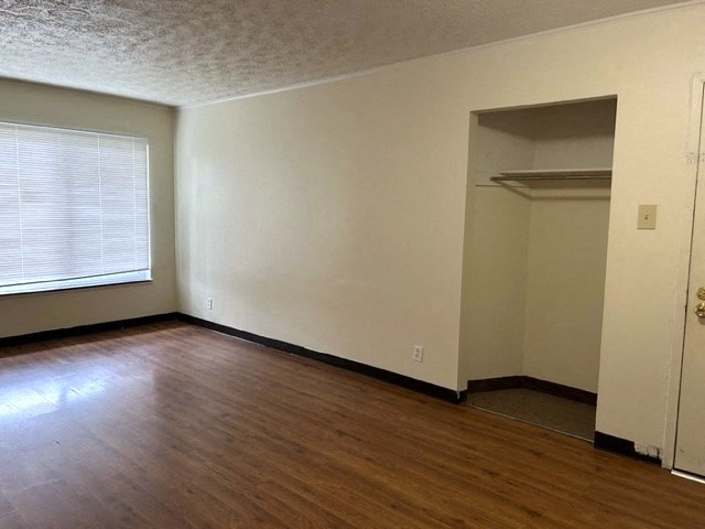an empty room with a wood floor and a closet