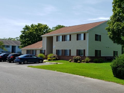 A green house with a blue car parked in front.