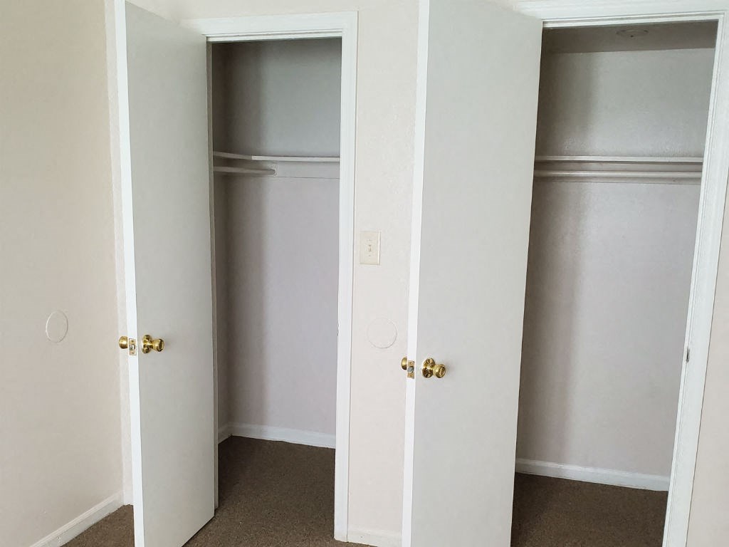 an empty room with two closets and a carpeted floor