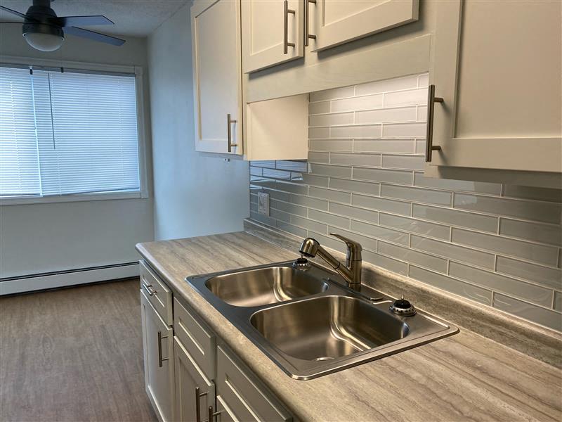 a kitchen with a sink and white cabinets