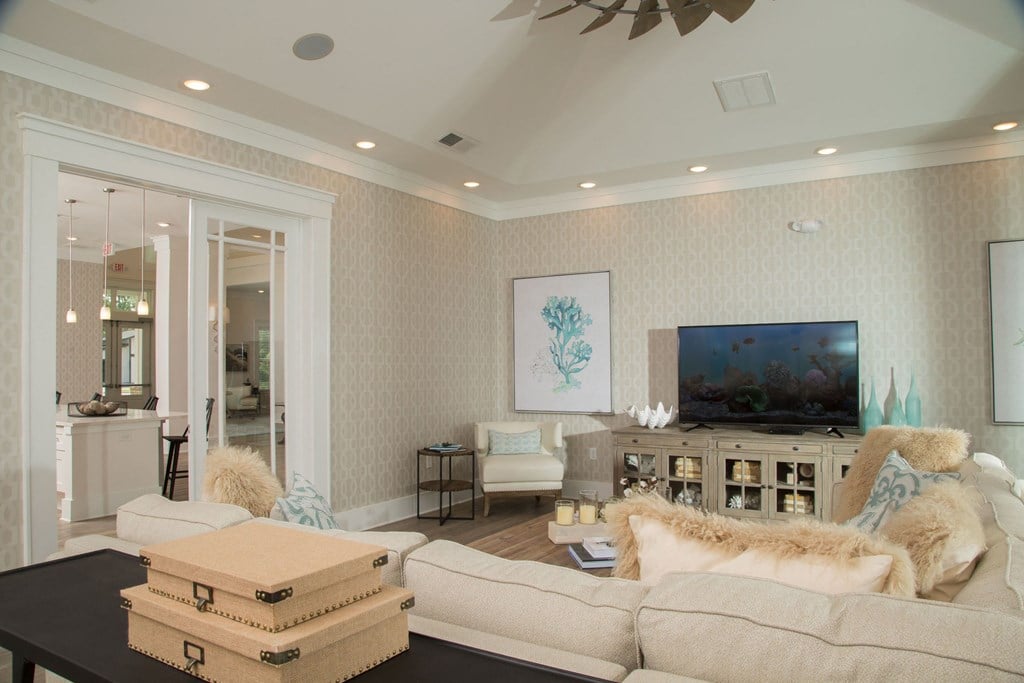 a living room with a couch and a tv