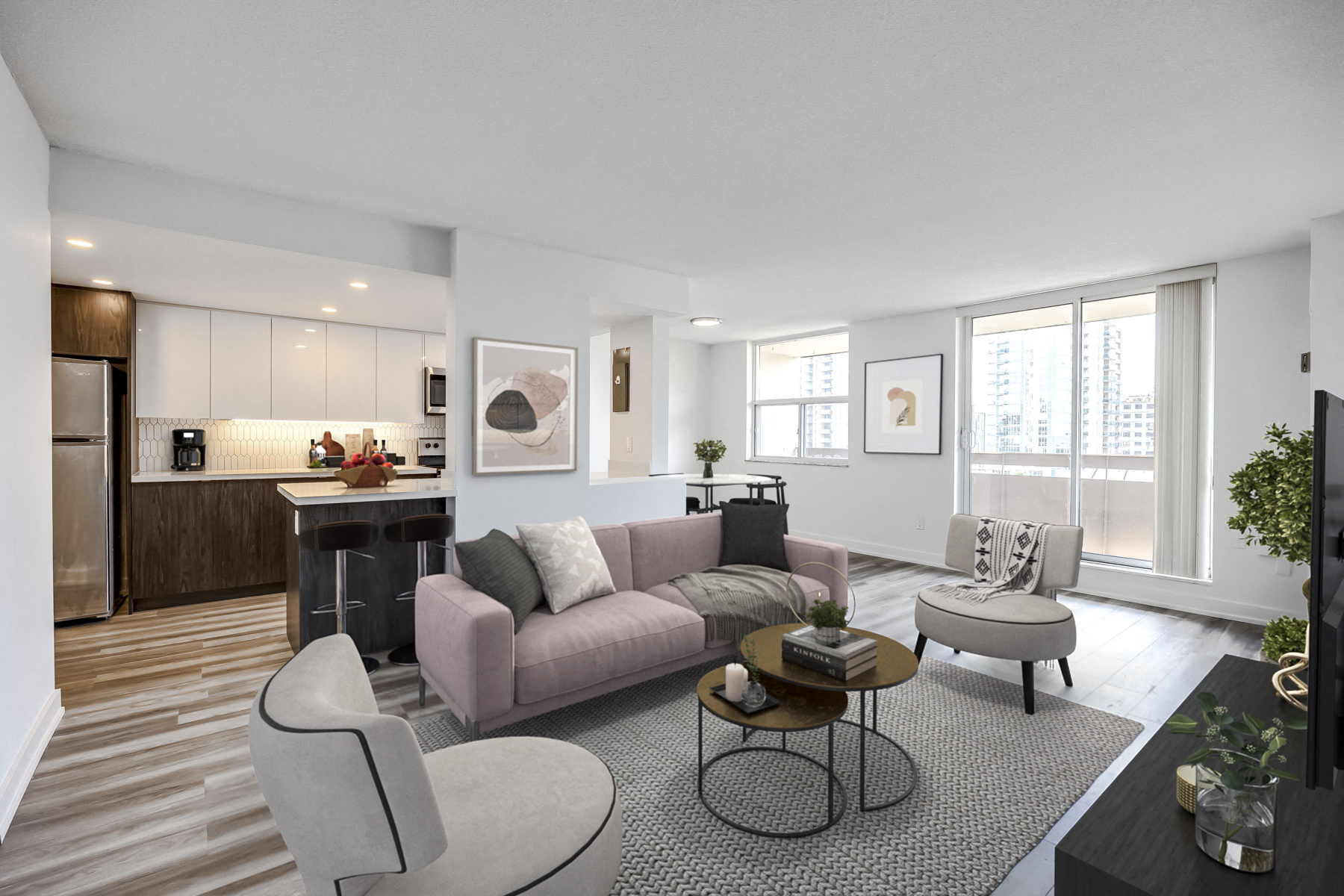 A modern living room with a grey sofa, a coffee table, and a television.