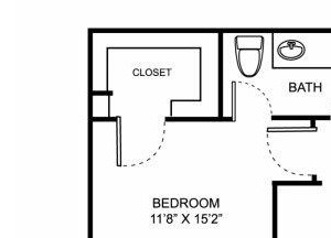 One bedroom one bathroom A2 floor plan at Center Point Apartment Homes in Indianapolis, IN