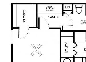 Two bedroom one bathroom B1 floor plan at Center Point Apartment Homes in Indianapolis, IN