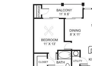 Three bedroom two bathroom floor plan image at Center Point Apartments