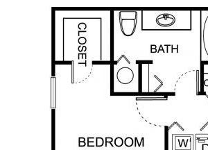 Two bedroom one bathroom B1 floorplan at The Residence at White River Apartments in Indianapolis, IN