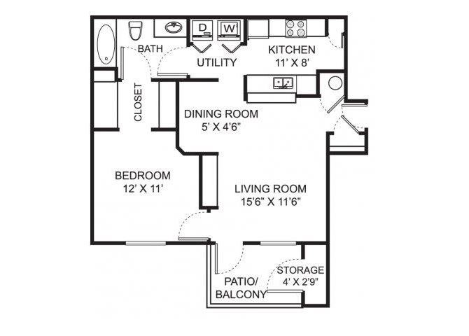 One bedroom one bathroom A1 floorplan at Steeplechase at Shiloh Crossing Apartments in Avon, IN