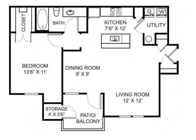 One bedroom one bathroom A2 floorplan at Steeplechase at Shiloh Crossing Apartments in Avon, IN