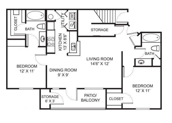 Two bedroom two bathroom B2 floorplan at Steeplechase at Shiloh Crossing Apartments in Avon, IN