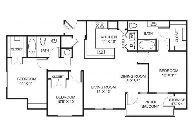 Three bedroom two bathroom C1 floorplan at Steeplechase at Shiloh Crossing Apartments in Avon, IN