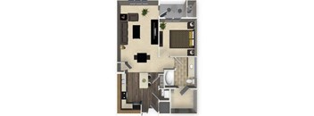 1 bedroom 1 bathroom apartment A1 floorplan at Venue Apartments in San Jose, CA