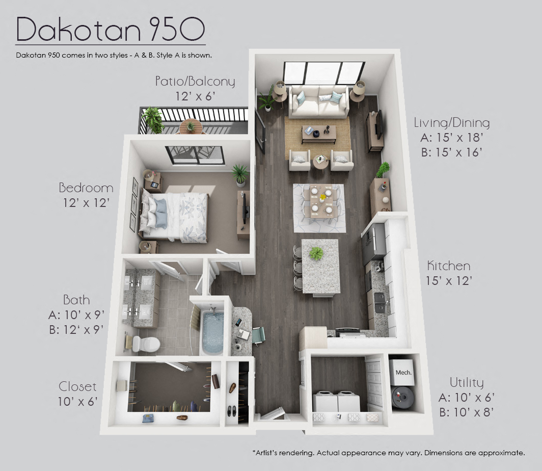 Dakotan 1 bed, 1 bath - 950 SF