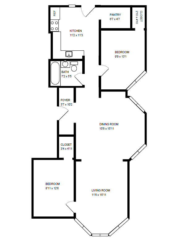 Two Bedroom One Bath Floor Three