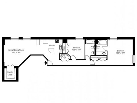 2 bedroom 2 bathroom Floor plan B at Carriage House Lofts, Chicago, 60605