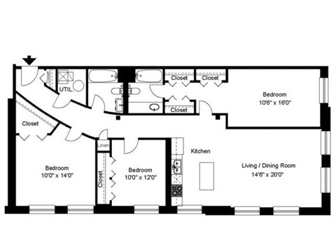 3 bedroom 2 bathroom Floor plan A at Carriage House Lofts, Chicago