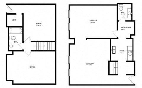 A floor plan of a house with two bedrooms and a living room.