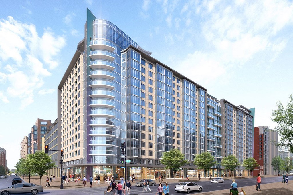a rendering of a tall building on a city street