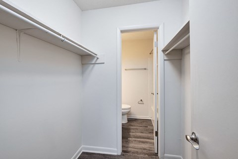 a bathroom with a door to a closet and a toilet