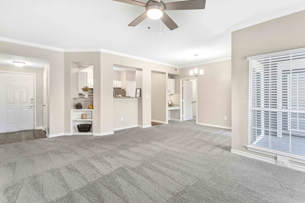 A spacious living room with a ceiling fan and carpeted floor.