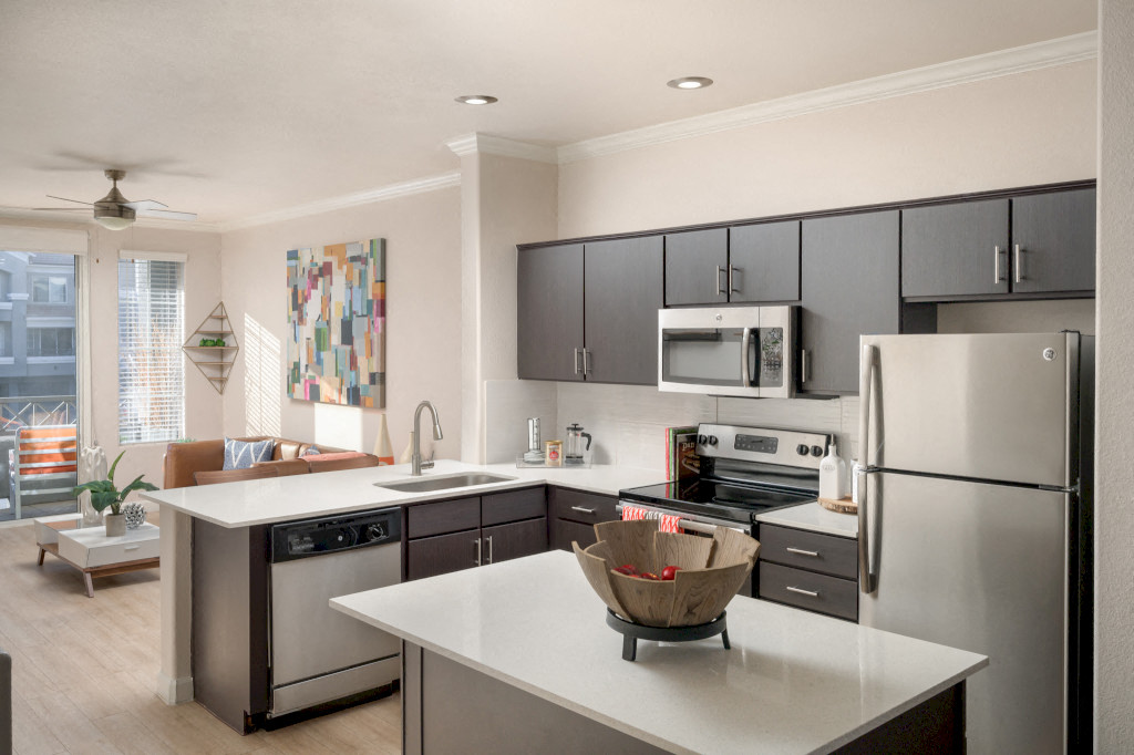 model kitchen and living room, open floorplan