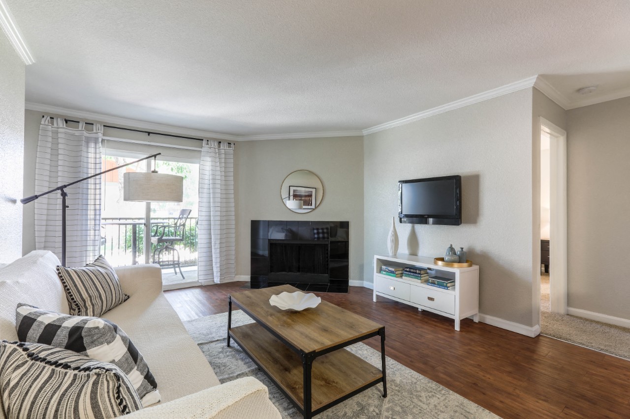 a living room with a couch and a coffee table