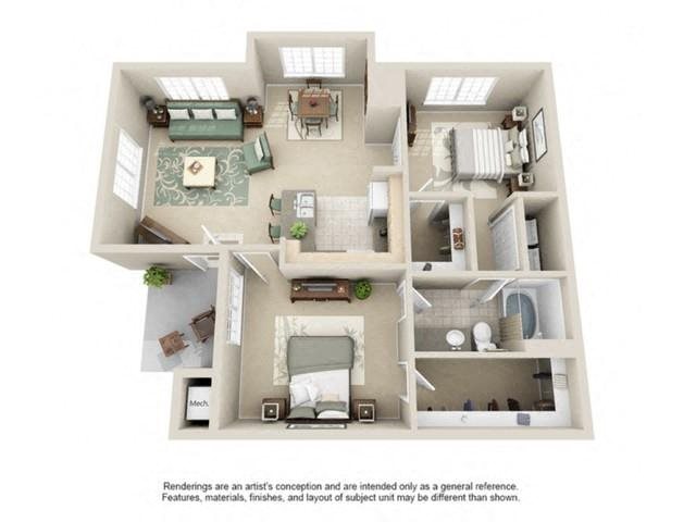 B1 Modern Champions Park Apartments 2 bed 1 bath with modern features like faux wood flooring 1006 sqft