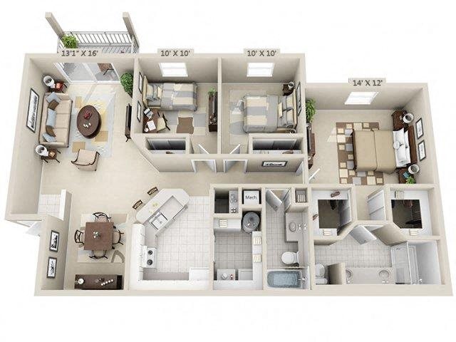 Three bedroom two bathroom floor plan