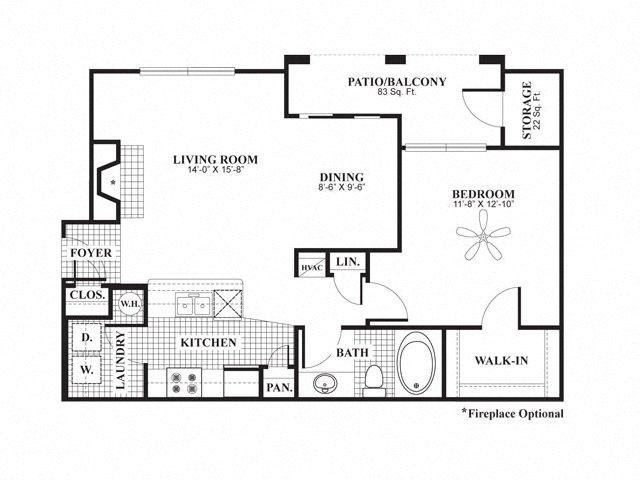 2D floor plan drawing of the A2 One Bed One Bath