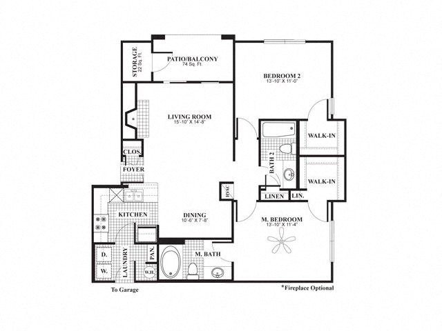 2D floor plan drawing of the B2R Two Bed Two Bath