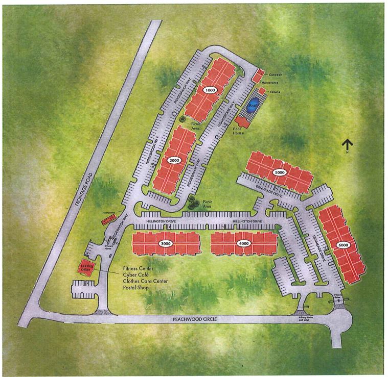 a map of a campus with a building and a road
