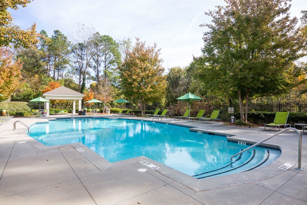 a swimming pool with trees and chairs around it