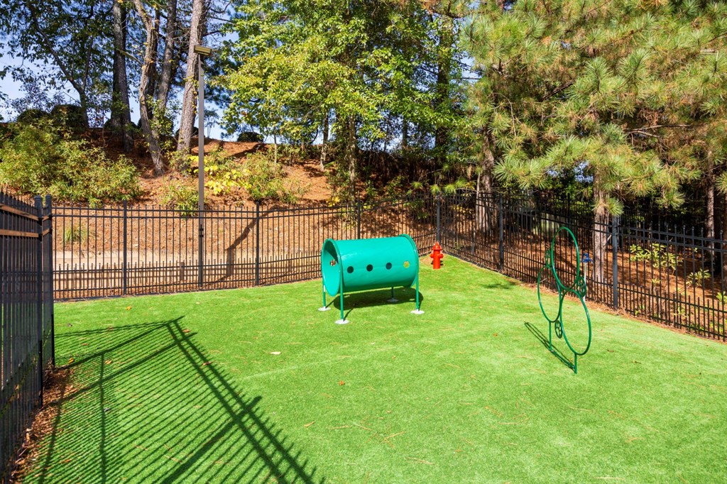 a backyard with a swing set and a fire hydrant   and a fence