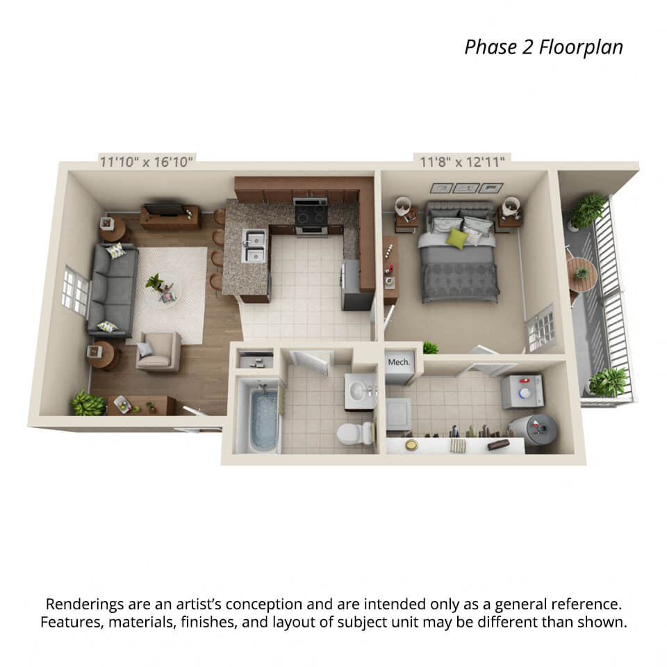 1 bedroom 2nd floor 3d floorplan for Town View Apartments Elizabethton