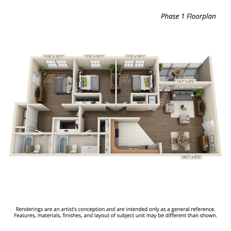 3 bedroom 3d floorplan Phase 1 for Town View Apartments Elizabethton