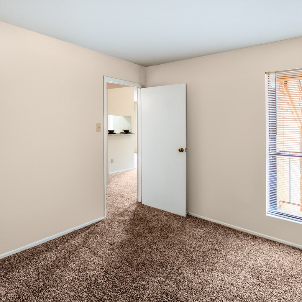 a bedroom with a carpeted floor and an open door to a bathroom