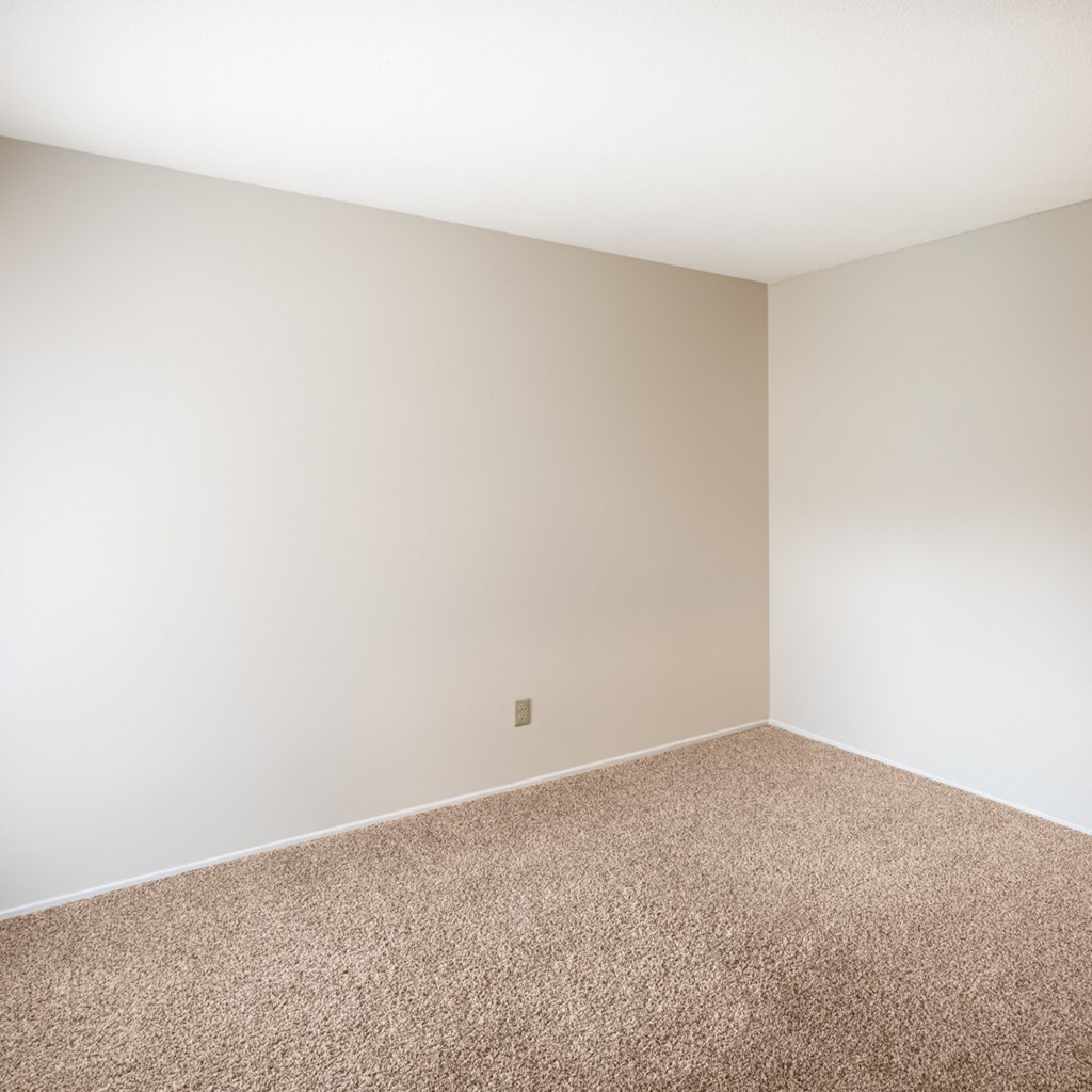 an empty room with beige carpet and a white wall