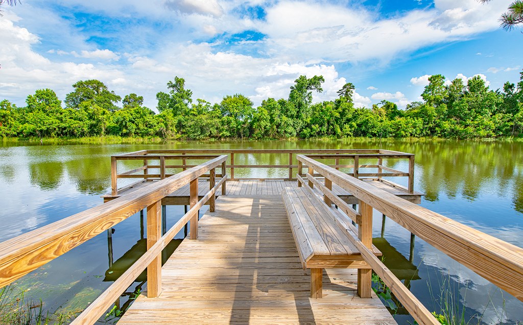 a dock on a lake with trees in the background