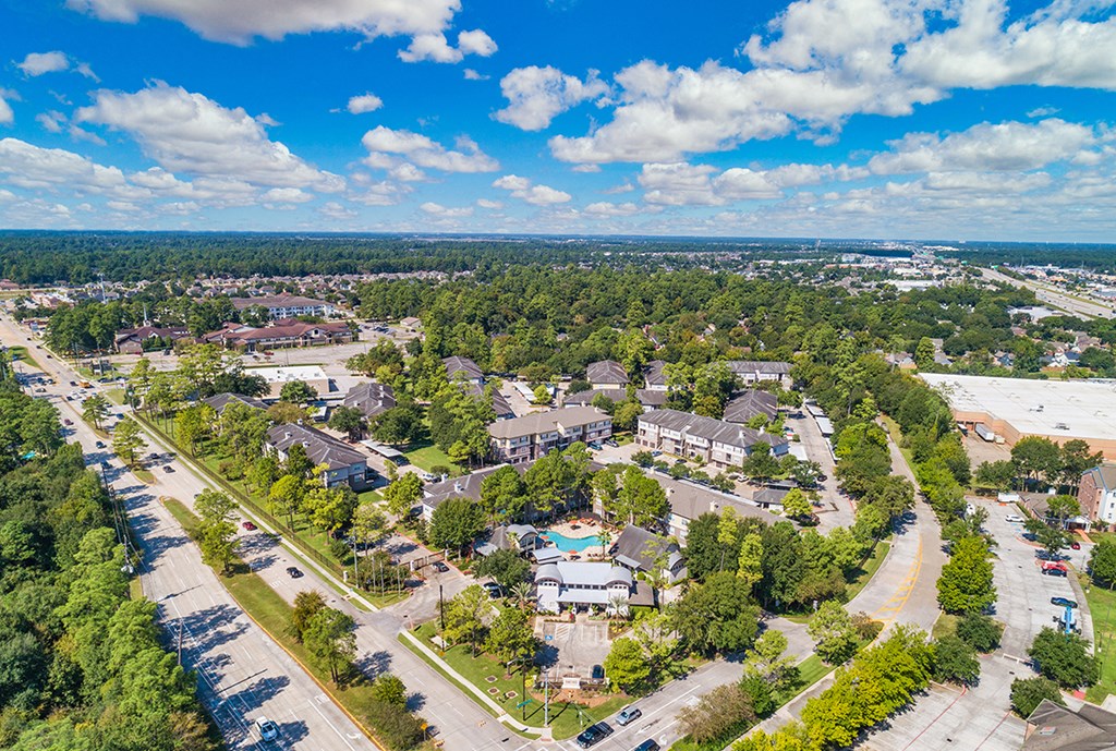 an aerial view of a neighborhood with houses and trees